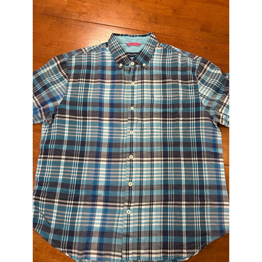Tommy Bahama Button Down Mens XL Blue Plaid Short Sleeve Cotton Shirt